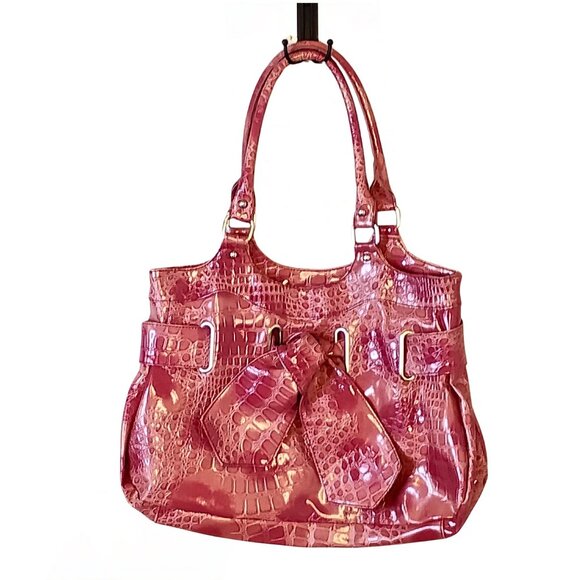 Y2K Womens Patent Leather Tote Handbag Croc Embossed Double Handle Barbiecore - Picture 1 of 4